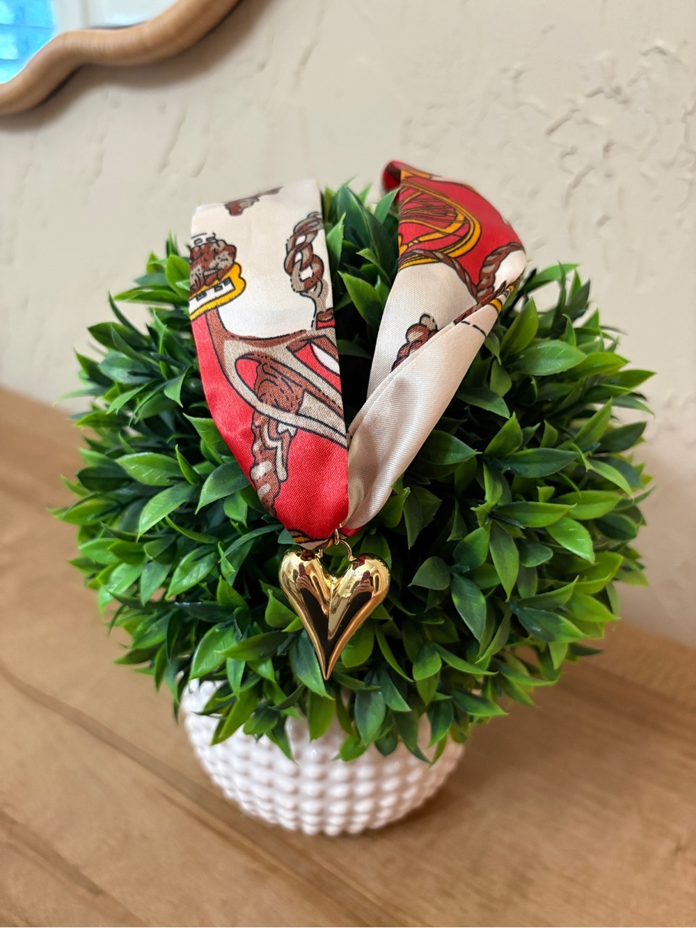 Silk Scarf Necklace with Gold Heart Pendant - Red & Cream